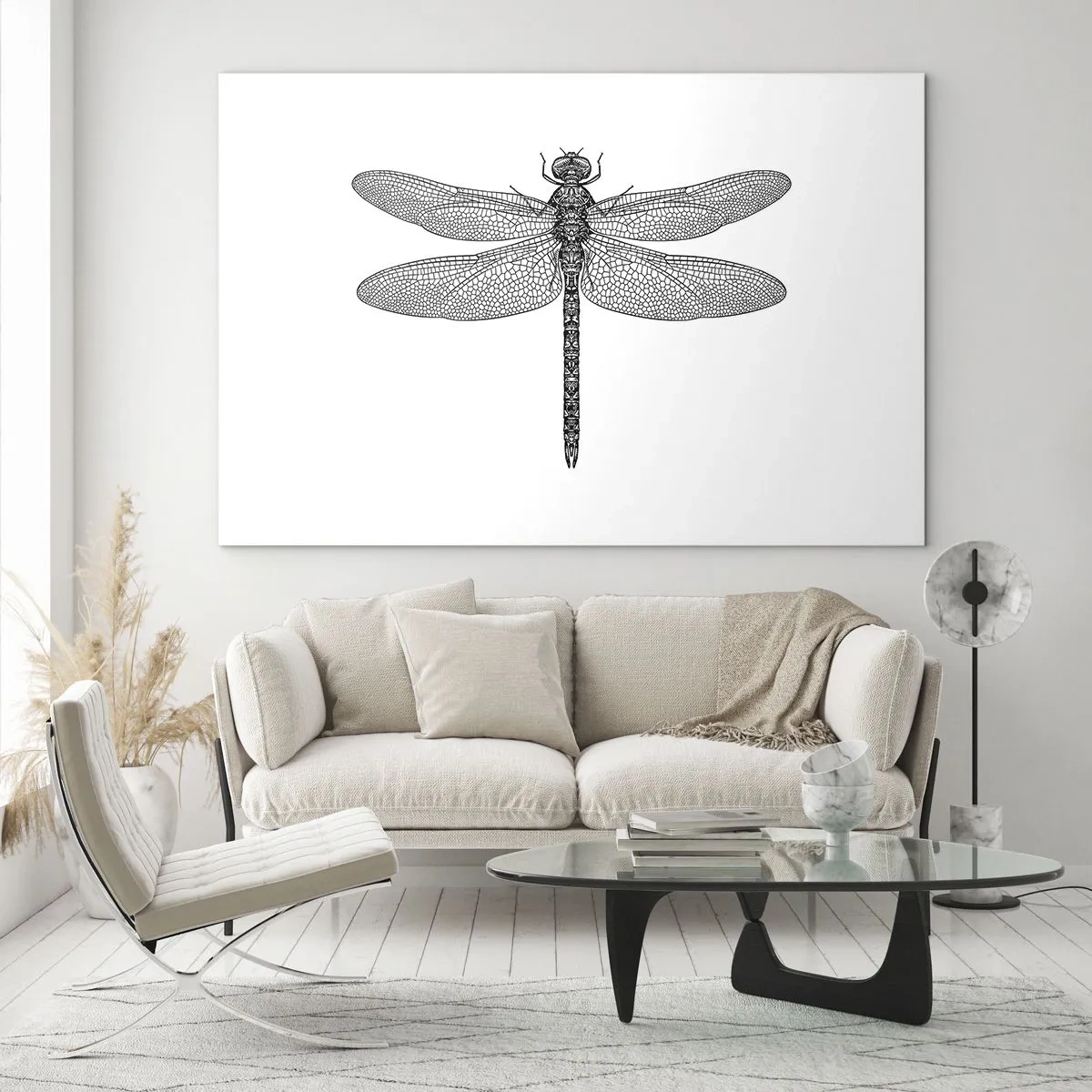 Glass picture - Detailed illustration of a dragonfly in an engraving style on a white background - 70x50cm - Precision of Nature - Modern wall decoration for the living room and bedroom ARTTOR