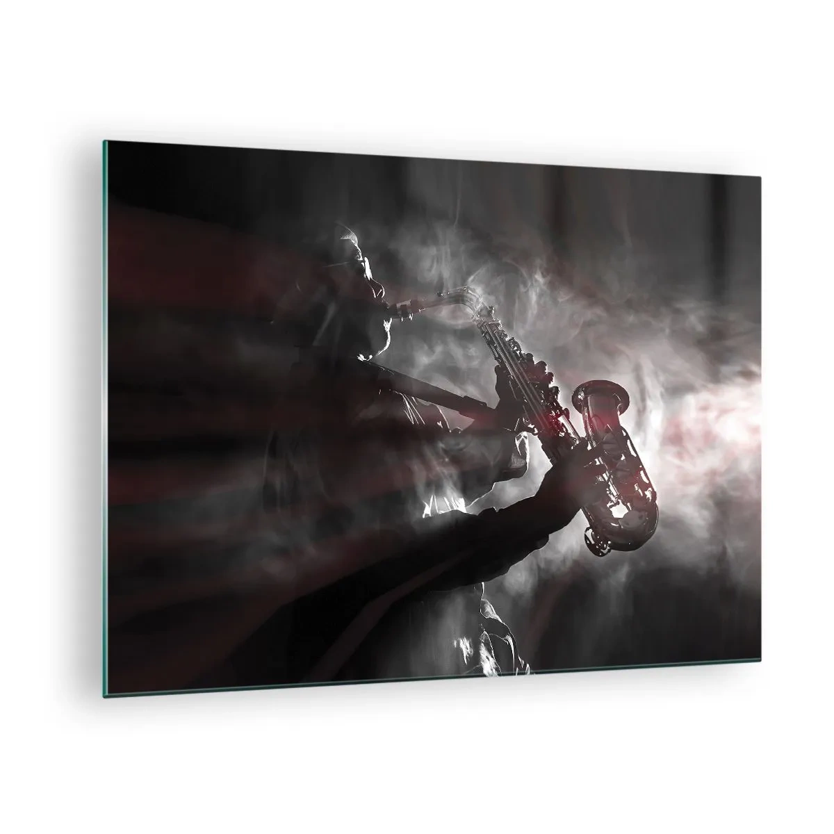 Glass picture - Saxophonist in a haze of smoke in black and white - 70x50cm - Lost in the Fog of Jazz - Modern wall decoration for the living room and bedroom ARTTOR
