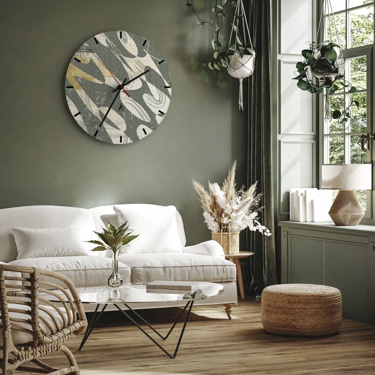 Wall clock - Clock on glass - Organic, rhythmic shapes on an olive background - 30x30cm - Rhytmic Abstract - Modern wall decoration for the living room, kitchen, and bedroom ARTTOR