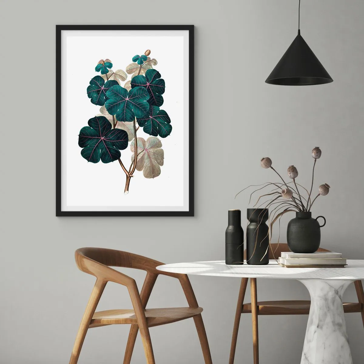 Poster in black frame - Botanical illustration with dark green leaves on a light background - 50x70cm - From the Old Herbarium - Modern wall decoration for the living room and bedroom ARTTOR