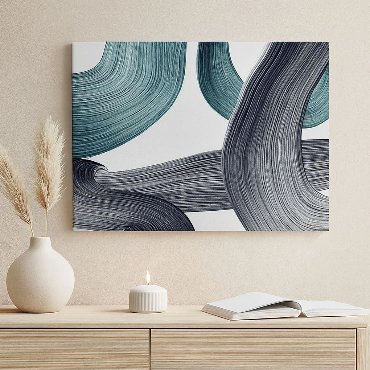 Canvas picture - Fluid abstract lines in shades of green and gray - 70x50cm - Emerald and Black Trails - Modern wall decoration for the living room and bedroom ARTTOR