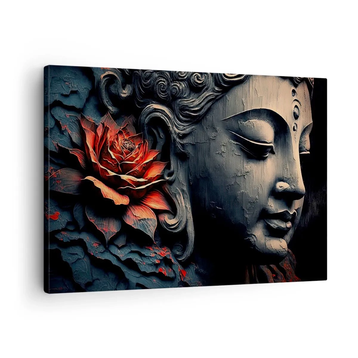 Canvas picture - Buddha sculpture with a red lotus flower - 70x50cm - In Harmony with the World - Modern wall decoration for the living room and bedroom ARTTOR