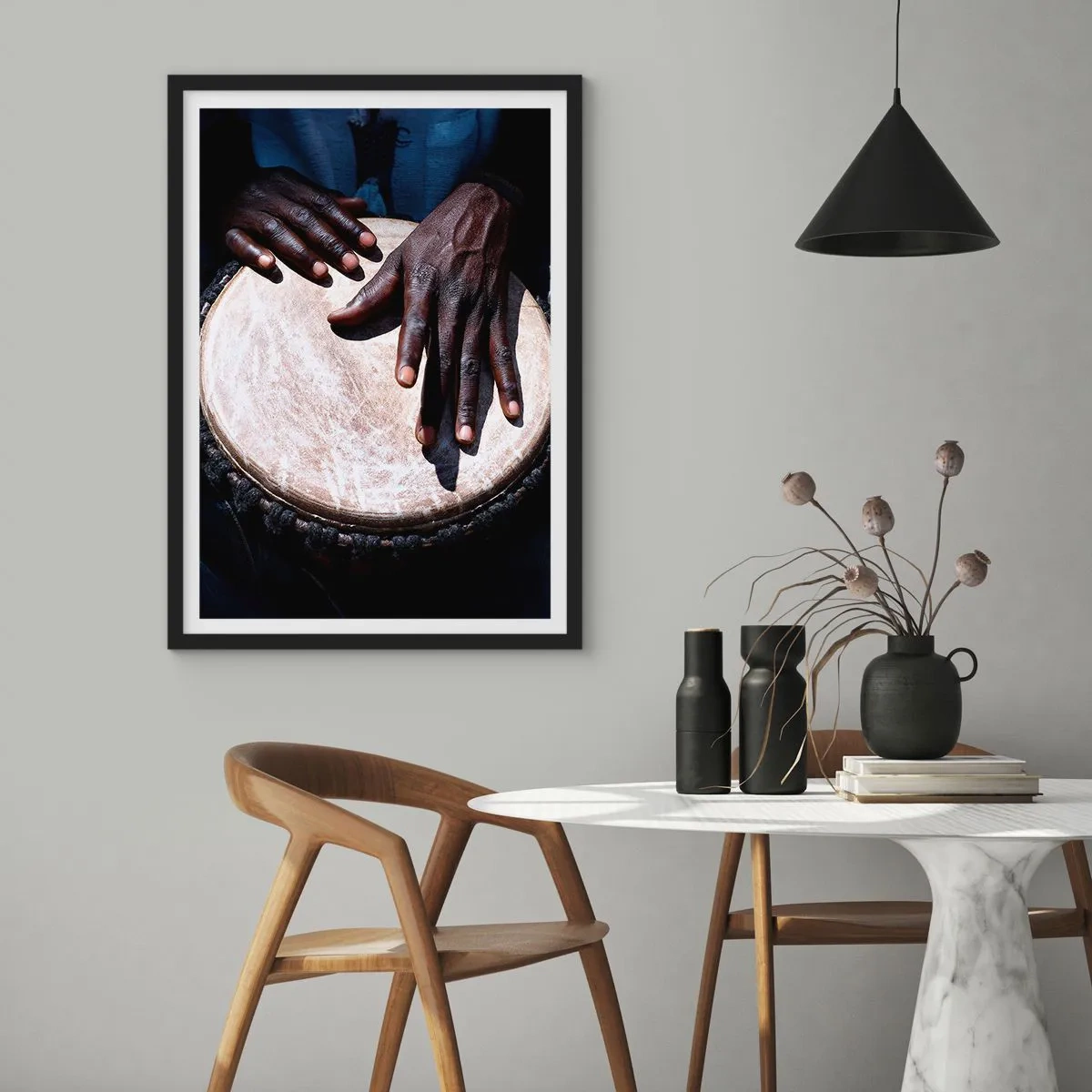 Poster in black frame - Hands playing a djembe drum in a rhythm game - 50x70cm - Live at Your Own Rhythm - Modern wall decoration for the living room and bedroom ARTTOR