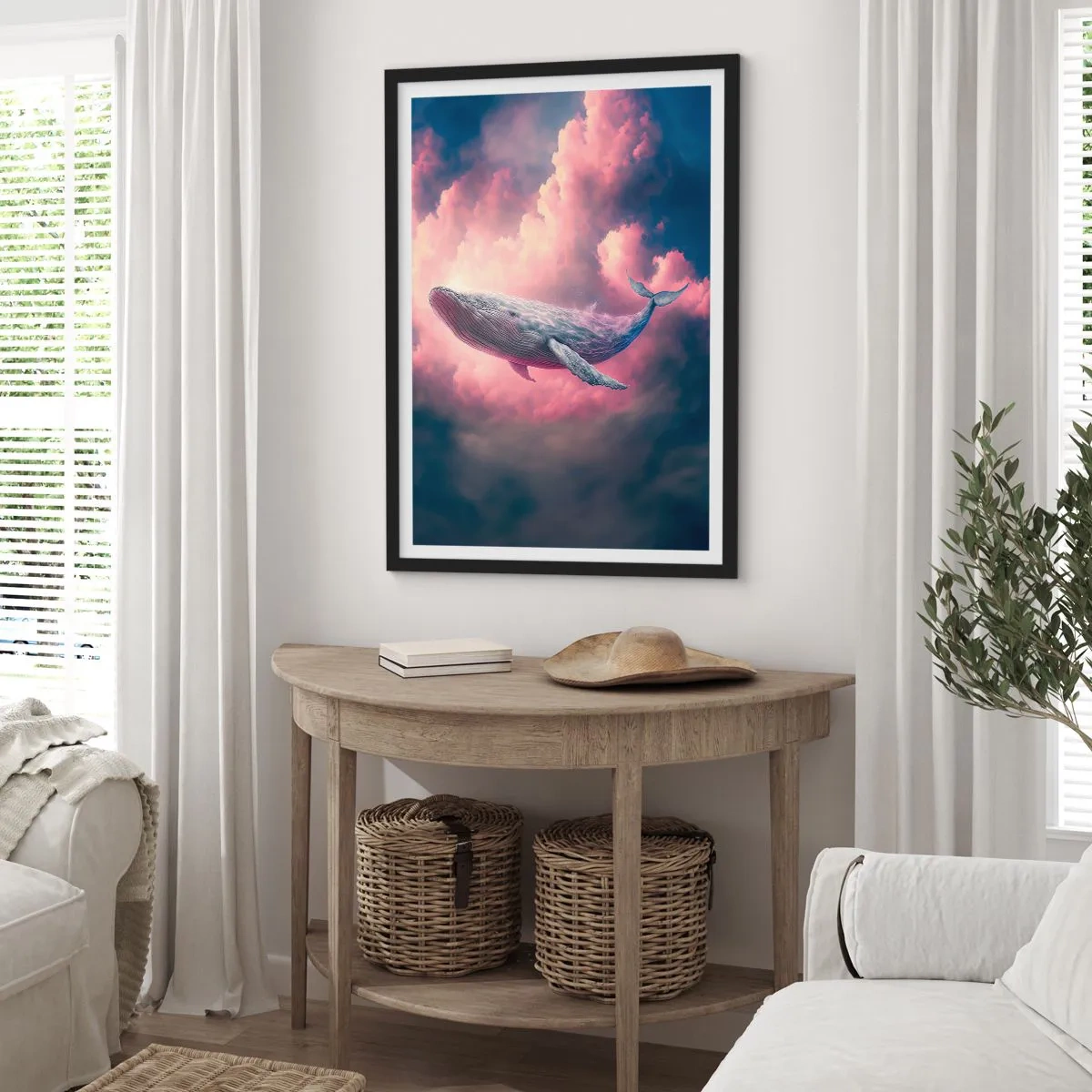 Poster in black frame - A whale flies among pink clouds at sunset. - 50x70cm - Rub Your Eyes - Modern wall decoration for the living room and bedroom ARTTOR