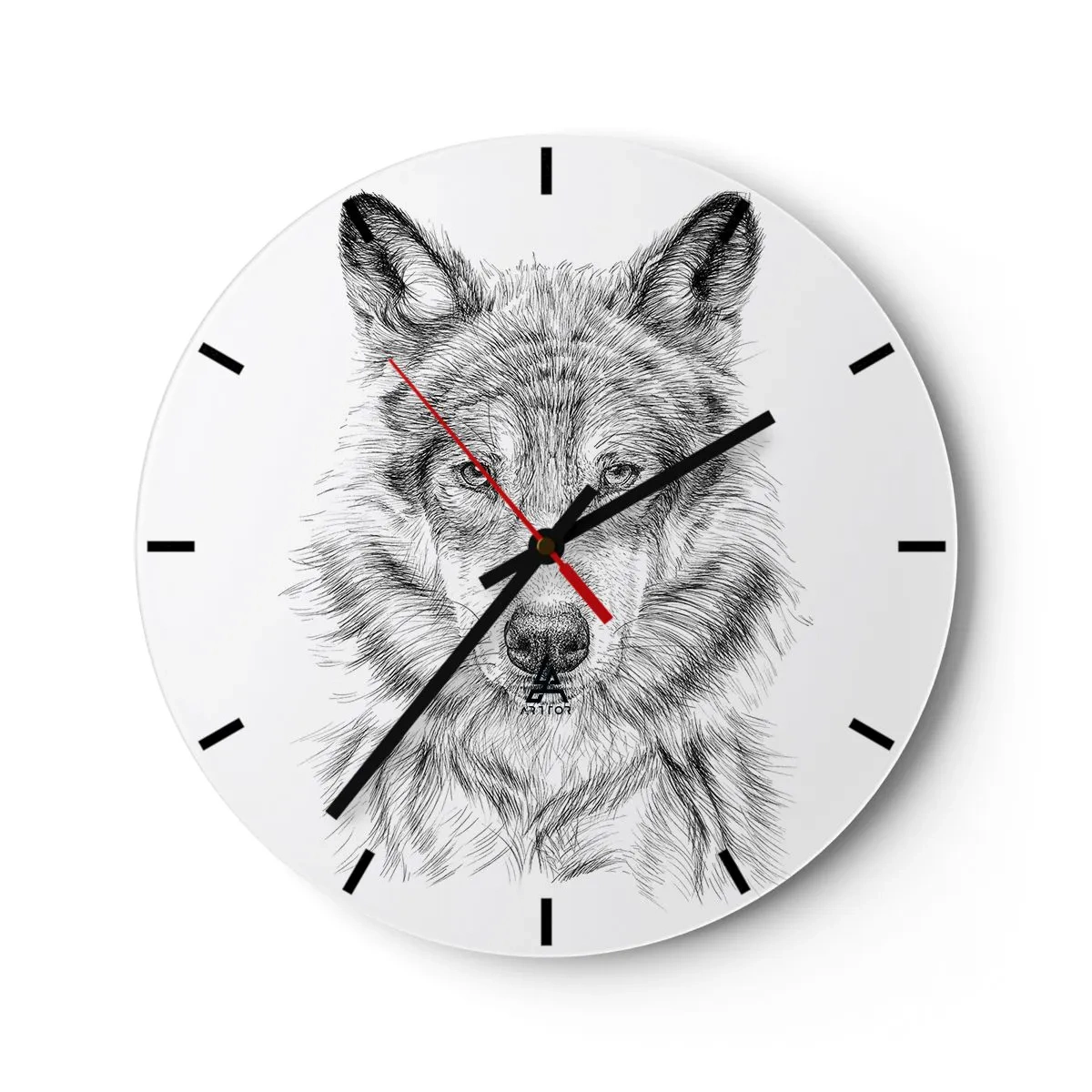 Wall clock - Clock on glass - Black and white sketch of a wolf's head on a white background - 30x30cm - Born Leader - Modern wall decoration for the living room, kitchen, and bedroom ARTTOR