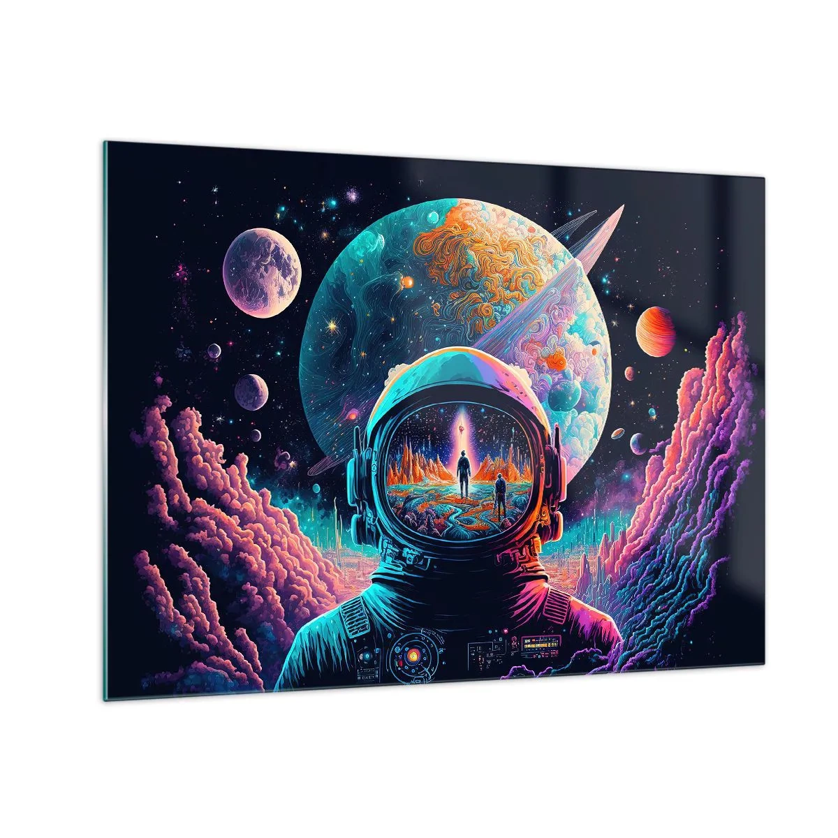 Glass picture - space landscape with an astronaut and a surreal planet. - 70x50cm - Philosophers Didn't Imagine This - Modern wall decoration for the living room and bedroom ARTTOR