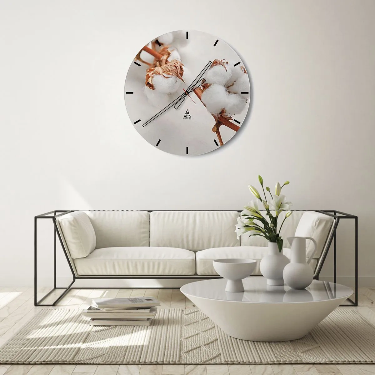 Wall clock - Clock on glass - White fluffy cotton flowers on a light background - 30x30cm - Just Cuddle It - Modern wall decoration for the living room, kitchen, and bedroom ARTTOR