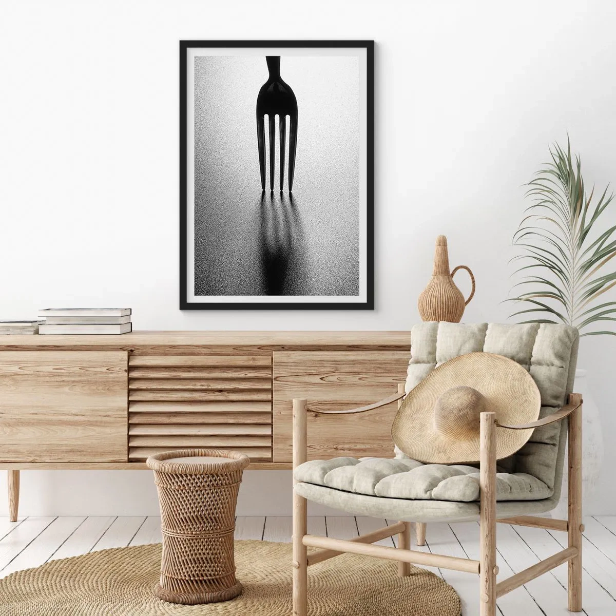Poster in black frame - A minimalist black and white photograph of a fork and shadow. - 50x70cm - Light and Shade - Modern wall decoration for the living room and bedroom ARTTOR