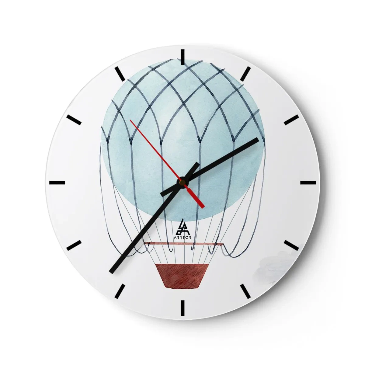 Wall clock - Clock on glass - Illustration of a blue balloon on a white background with a basket - 30x30cm - All in the Clouds - Modern wall decoration for the living room, kitchen, and bedroom ARTTOR