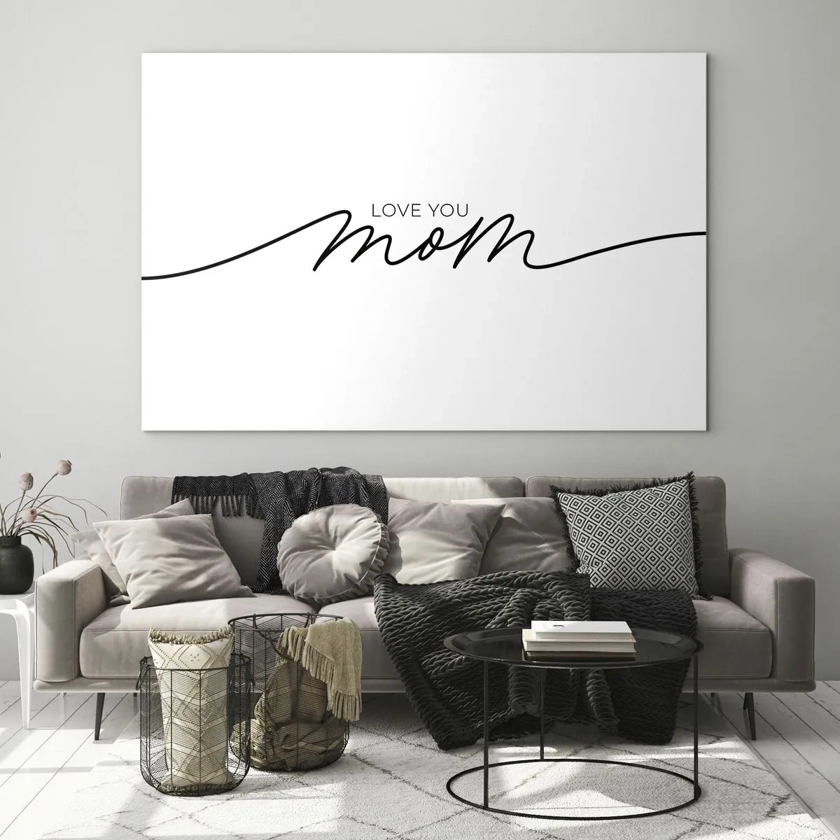 Glass picture - Minimalist Love You Mom inscription in black on a white background - 70x50cm - Great Emotion - Modern wall decoration for the living room and bedroom ARTTOR