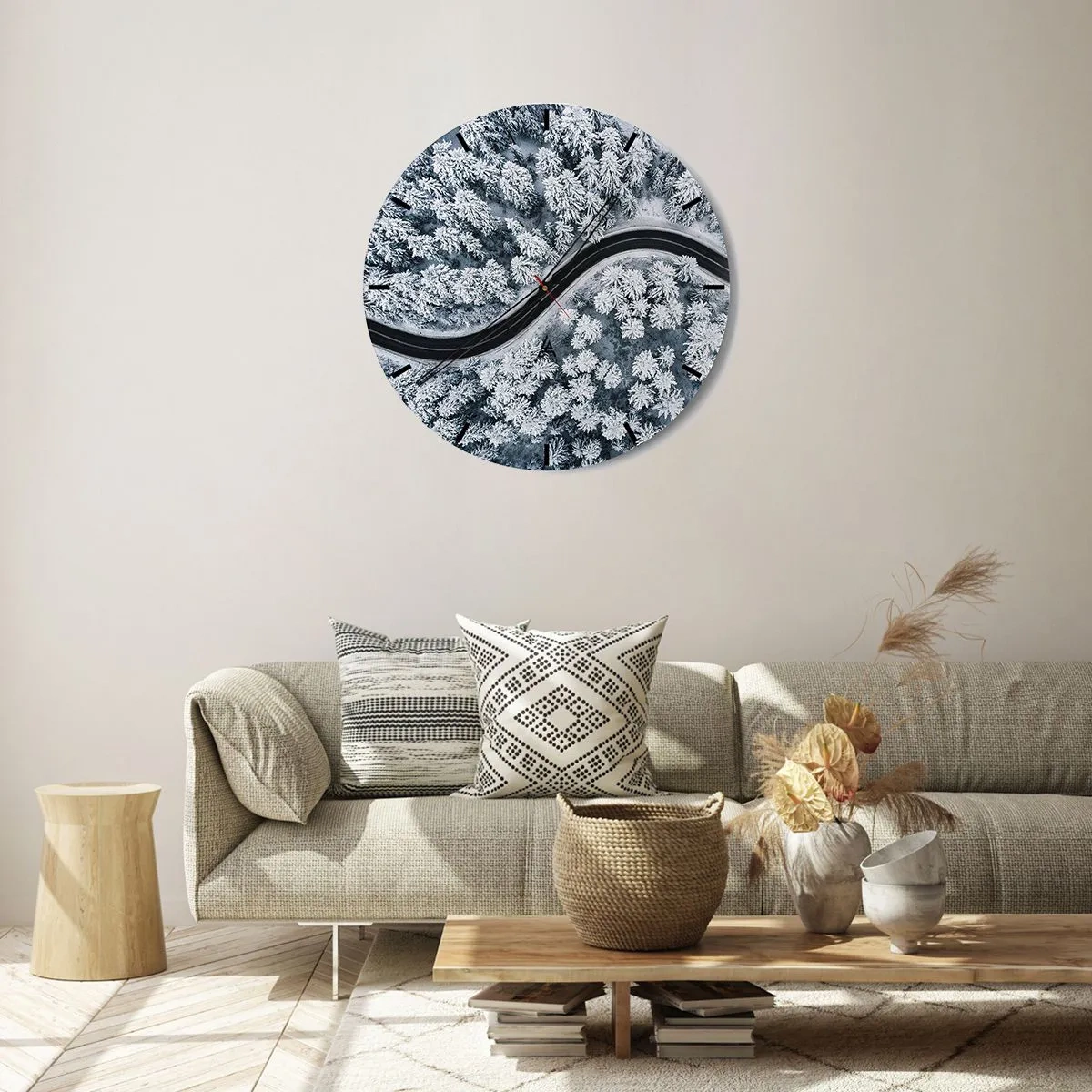 Wall clock - Clock on glass - A bird's eye view of a road winding through a snow-covered winter forest - 30x30cm - Through Wintery Forest - Modern wall decoration for the living room, kitchen, and bedroom ARTTOR