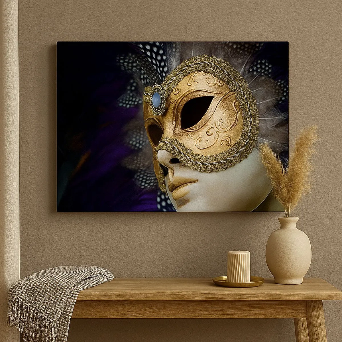 Canvas picture - Golden Venetian mask with decorative feathers and ornaments - 70x50cm - Venetian Portrait In Gold - Modern wall decoration for the living room and bedroom ARTTOR