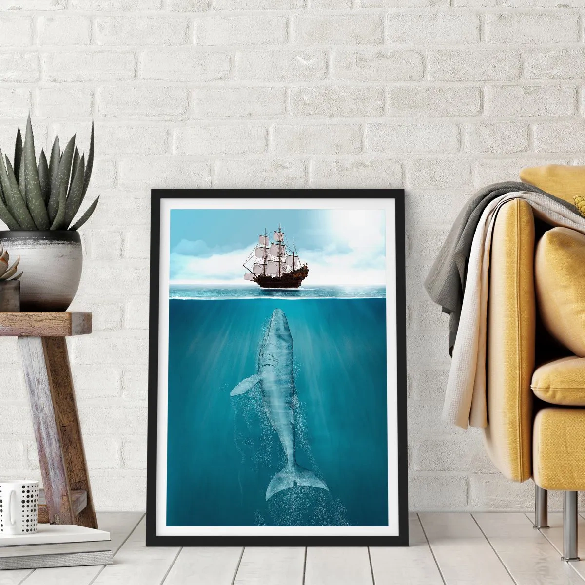 Poster in black frame - A ship on the surface of the water with a whale beneath it, in a surrealistic shot - 50x70cm - Better Not to Know - Modern wall decoration for the living room and bedroom ARTTOR