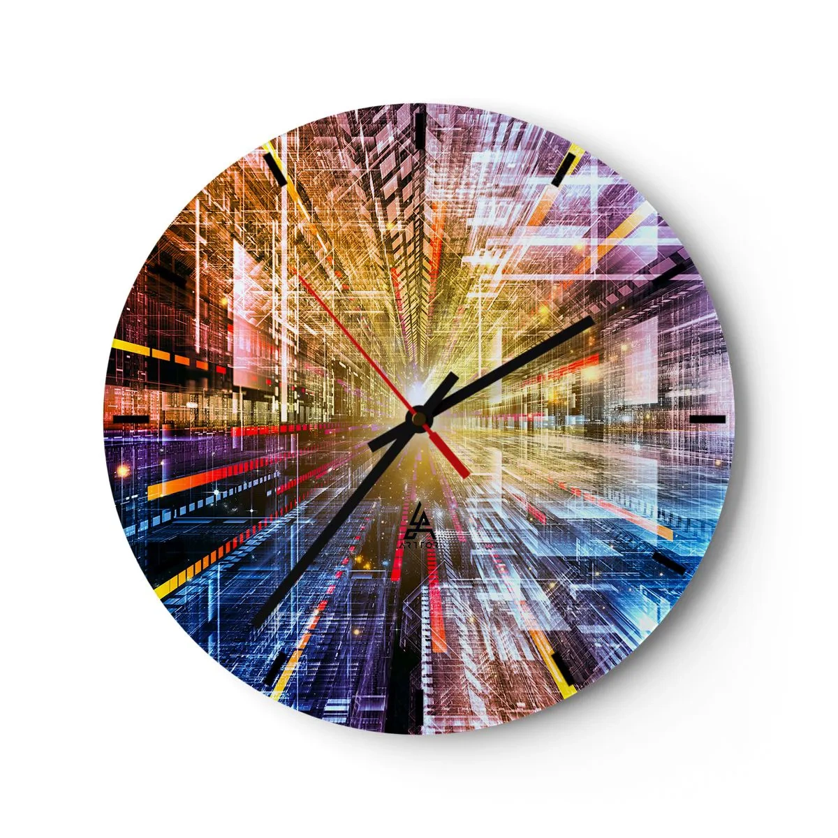 Wall clock - Clock on glass - An abstract vision of the city with light effects and colors - 30x30cm - Light Passage - Modern wall decoration for the living room, kitchen, and bedroom ARTTOR