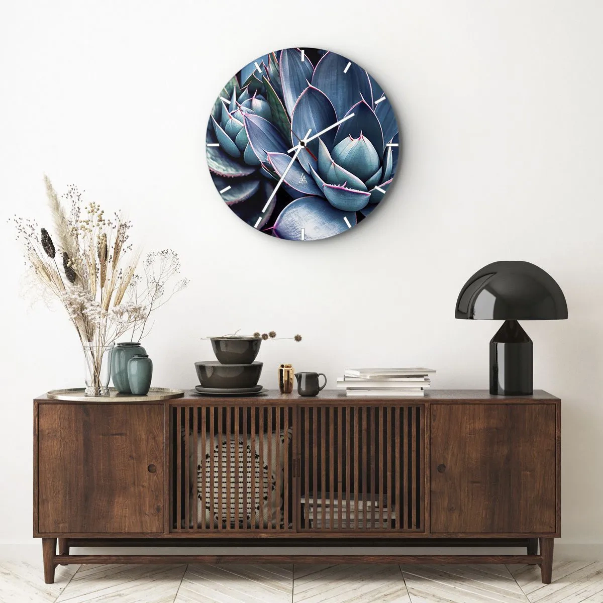Wall clock - Clock on glass - Luscious rosettes of succulents in shades of turquoise and purple - 30x30cm - Vital Strength - Modern wall decoration for the living room, kitchen, and bedroom ARTTOR
