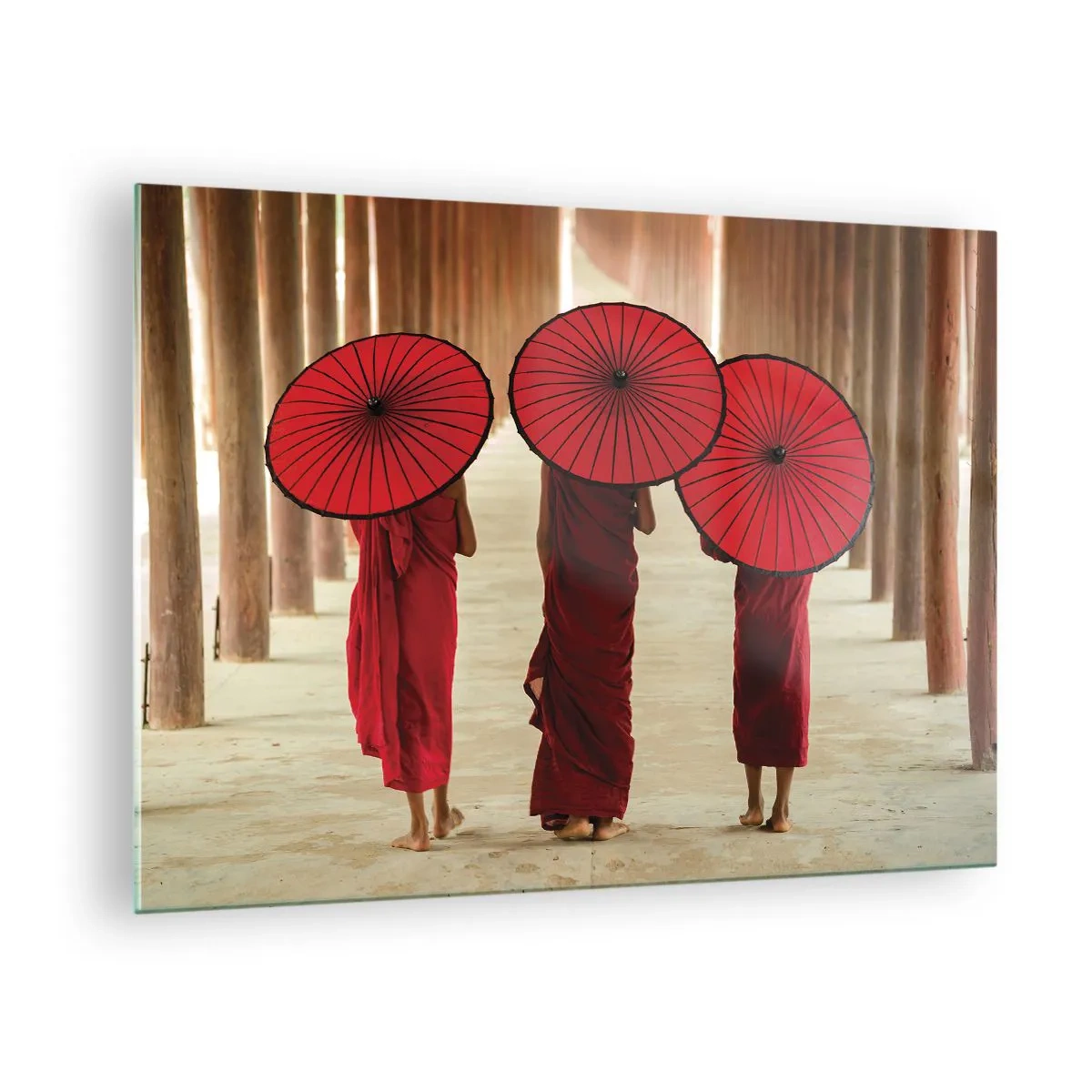 Glass picture - Monks with red umbrellas walking along a wooden corridor - 70x50cm - On the Way to Pure Country - Modern wall decoration for the living room and bedroom ARTTOR