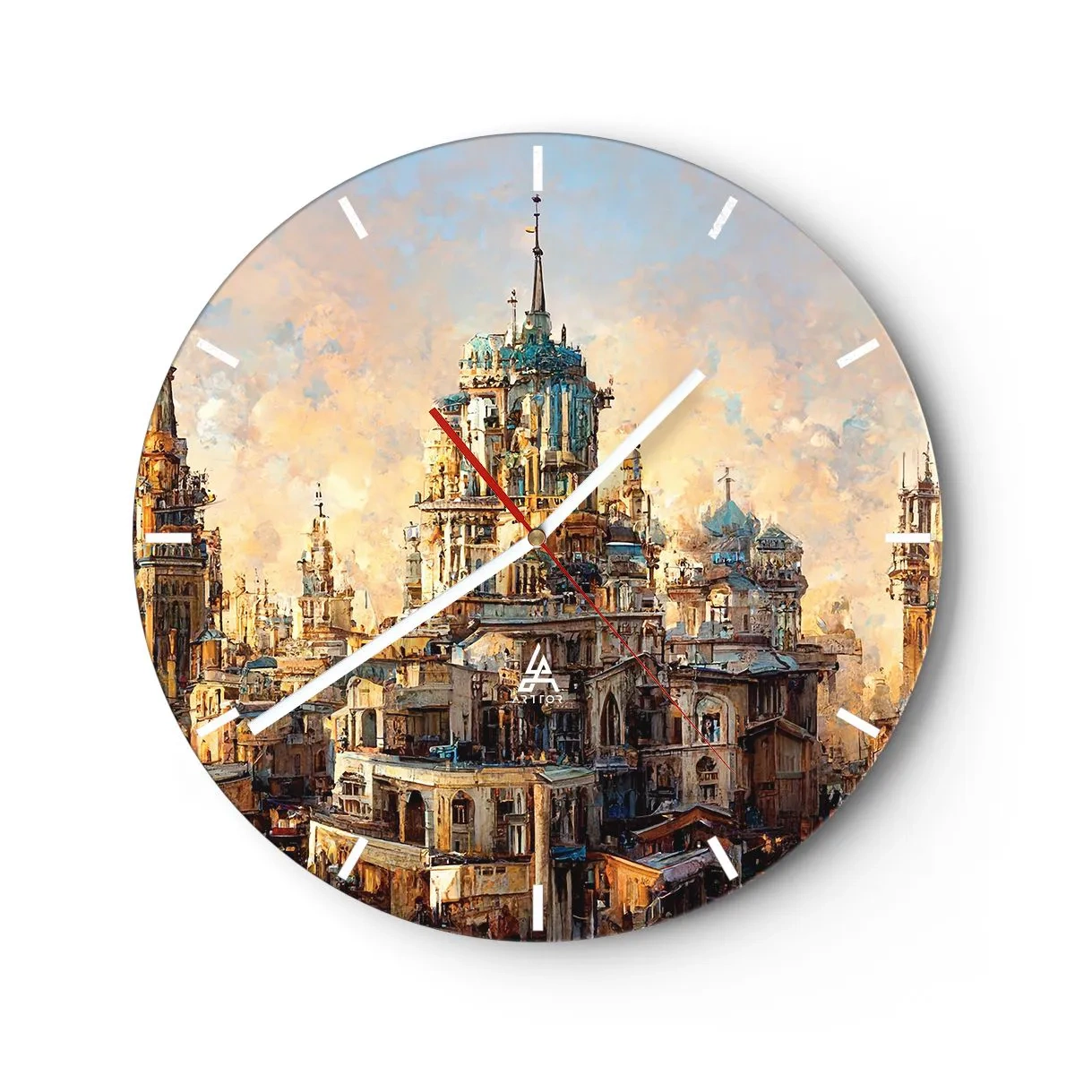 Wall clock - Clock on glass - The towers and buildings of a fantasy city at sunset - 30x30cm - City of Cities - Modern wall decoration for the living room, kitchen, and bedroom ARTTOR