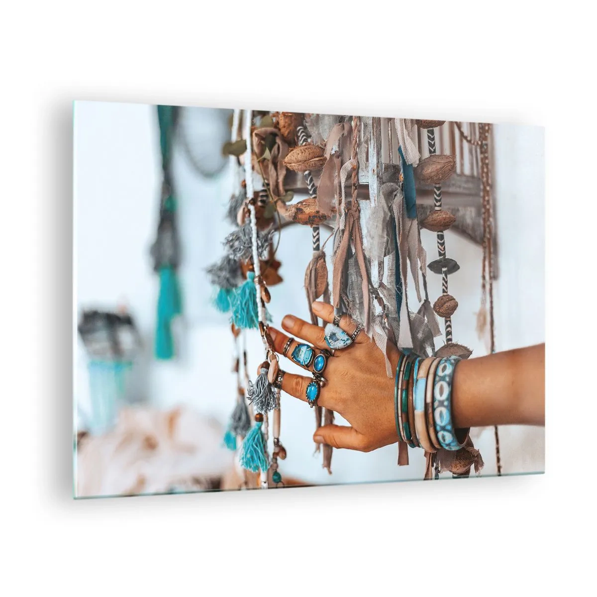 Glass picture - Hand with boho jewelry touching ethnic decoration - 70x50cm - Local Treasures - Modern wall decoration for the living room and bedroom ARTTOR