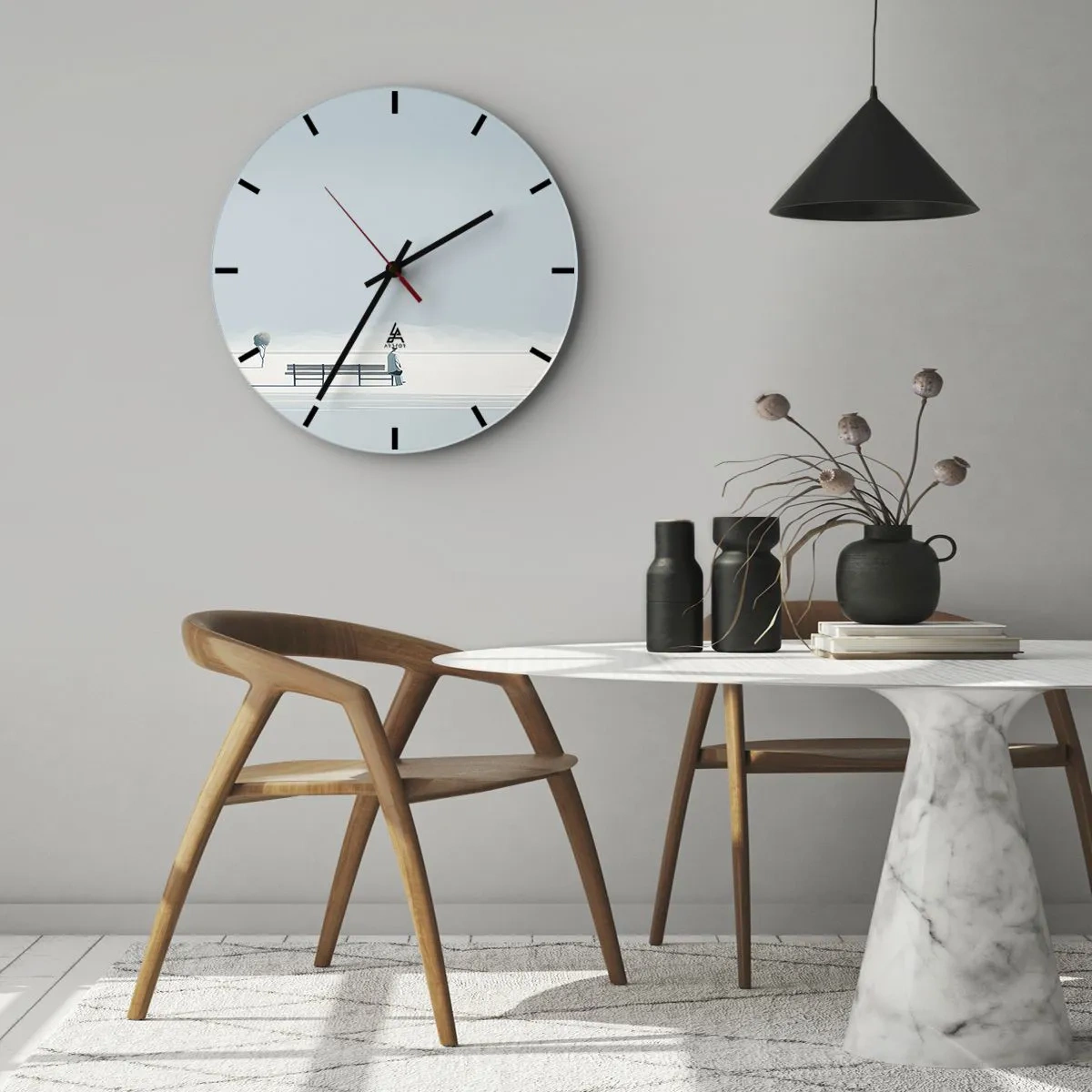 Wall clock - Clock on glass - A lone figure sits on a bench in a winter landscape. - 30x30cm - Yes, I Am Waiting - Modern wall decoration for the living room, kitchen, and bedroom ARTTOR