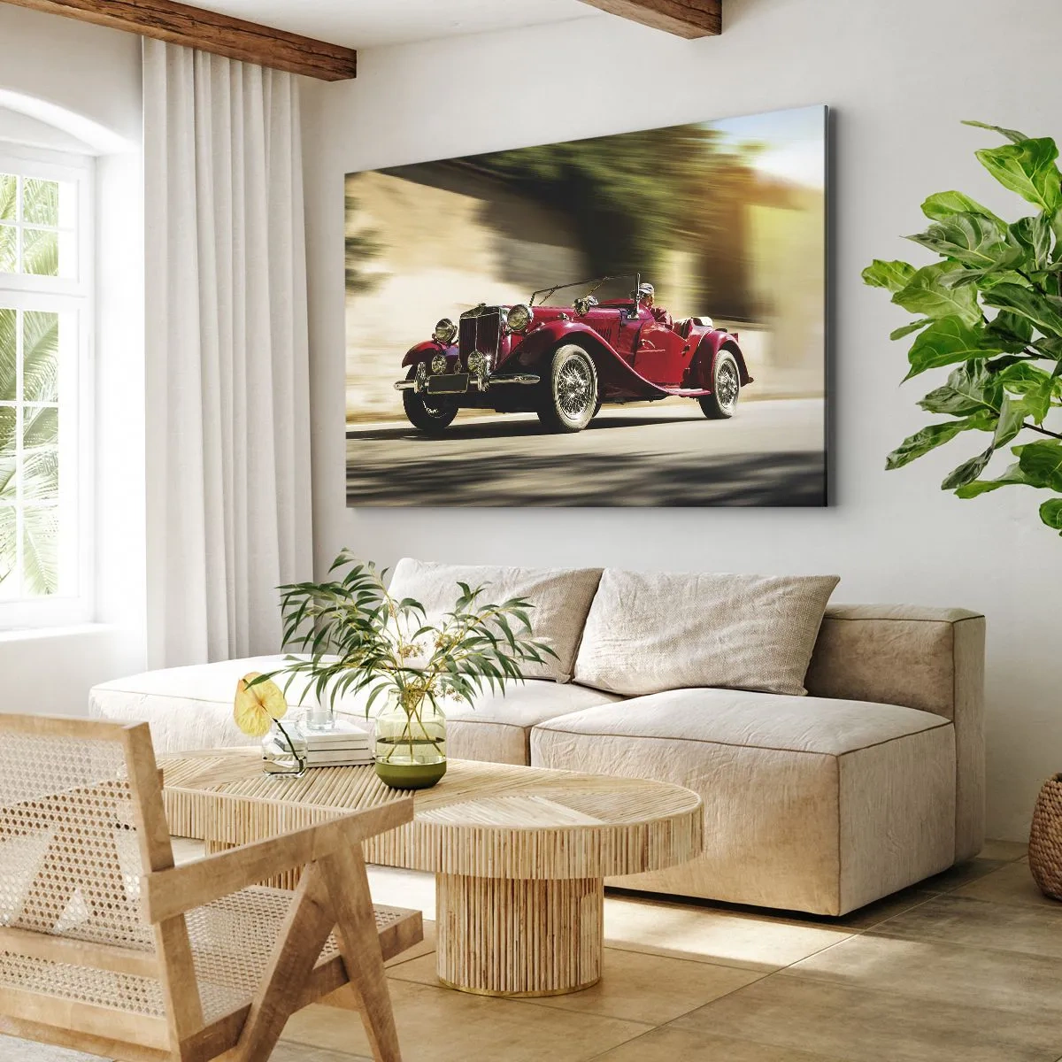 Canvas picture - Red classic car in motion on a sunny street - 70x50cm - More Beautiful than Nike of Samothrace - Modern wall decoration for the living room and bedroom ARTTOR