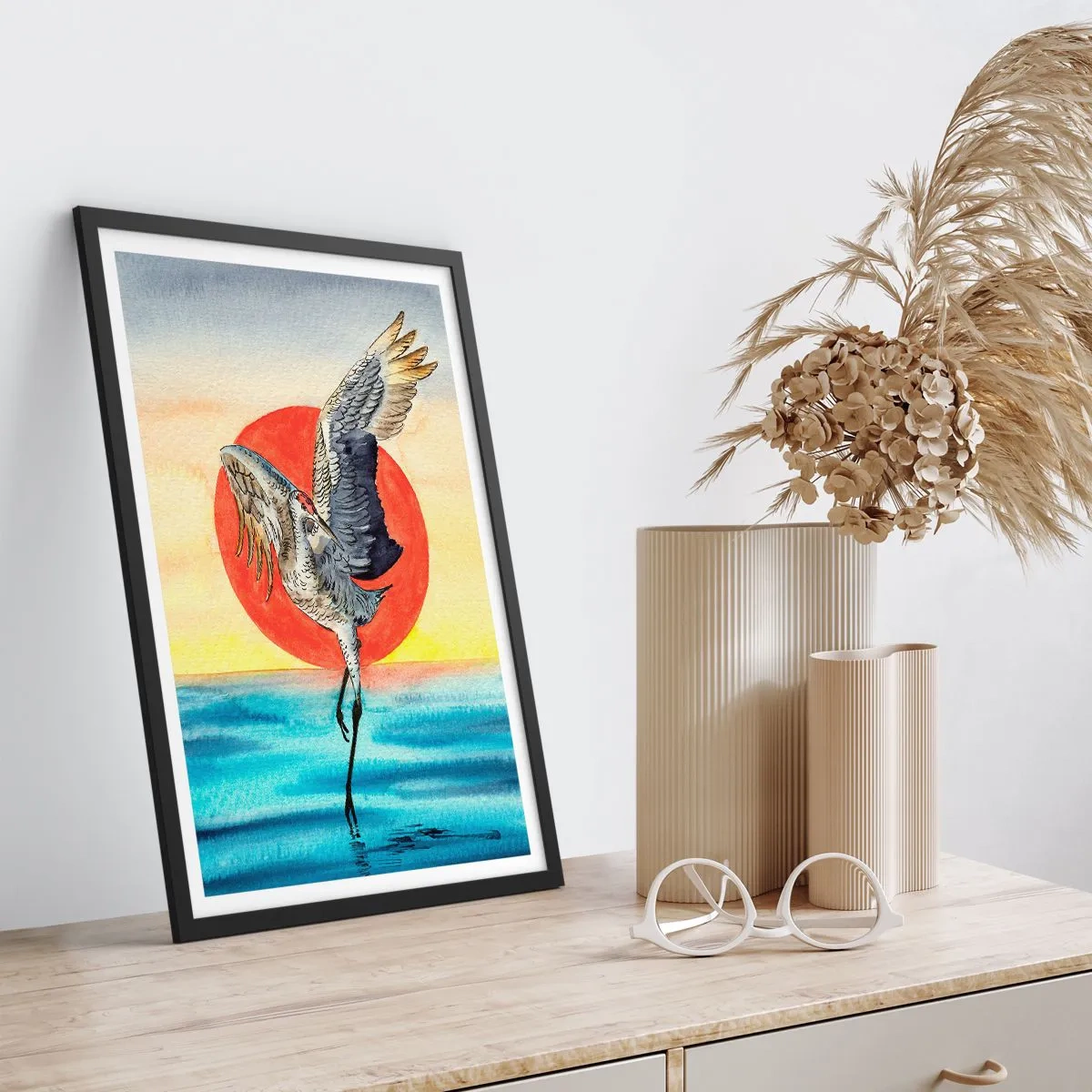 Poster in black frame - A crane hovering over the water against a red sun - 50x70cm - Time to Go Back - Modern wall decoration for the living room and bedroom ARTTOR