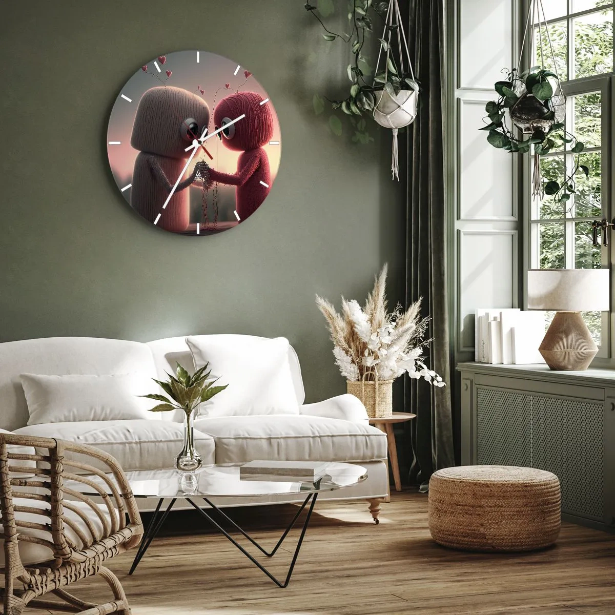 Wall clock - Clock on glass - Two woolen figures holding hands in the sunset - 30x30cm - Everyone Is Allowed to Love - Modern wall decoration for the living room, kitchen, and bedroom ARTTOR