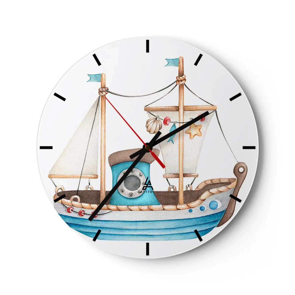 Wall clock - Clock on glass - Illustrated children's sailboat with nautical decorations - 30x30cm - Ahoy, Adventure! - Modern wall decoration for the living room, kitchen, and bedroom ARTTOR