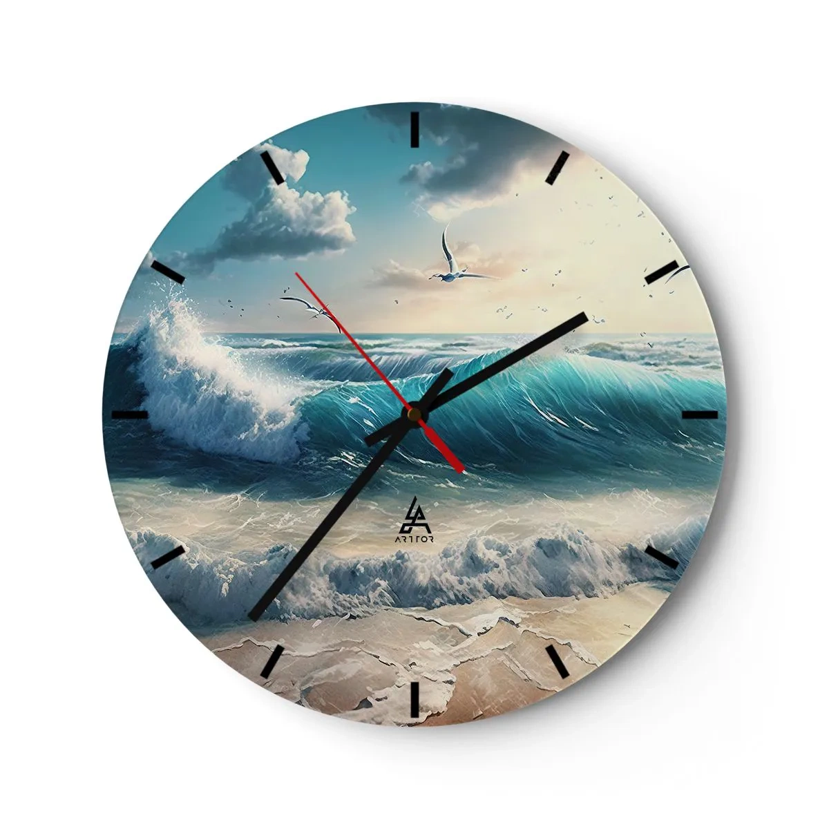 Wall clock - Clock on glass - Rough ocean waves crashing against the sandy shore - 30x30cm - It Hums Especially for You - Modern wall decoration for the living room, kitchen, and bedroom ARTTOR