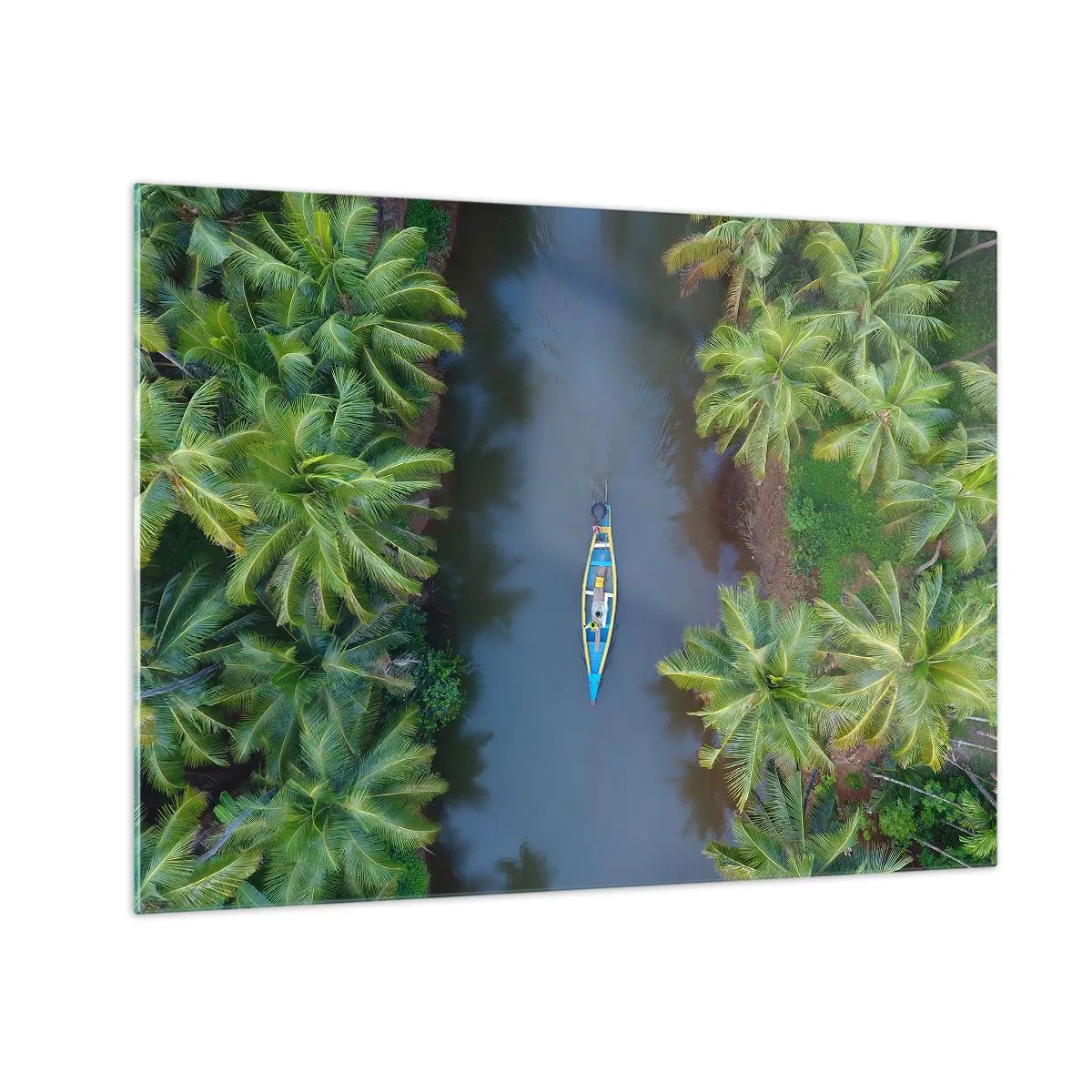 Glass picture - A bird's eye view of a boat sailing through a canal among tropical palm trees - 70x50cm - On Tropical Trail - Modern wall decoration for the living room and bedroom ARTTOR