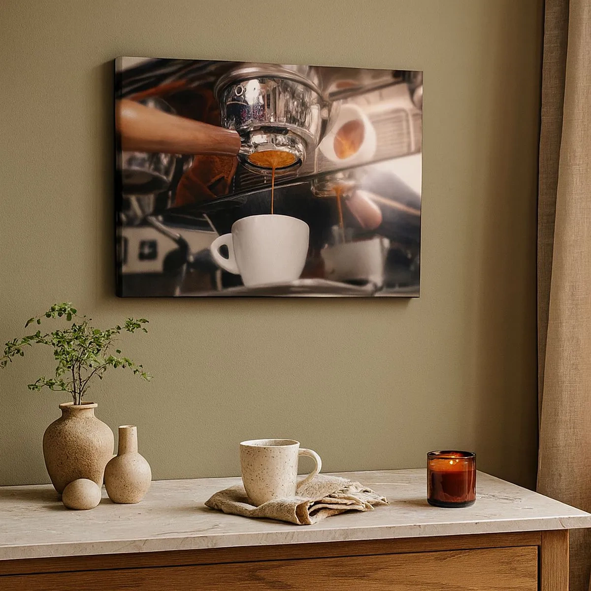 Canvas picture - Close-up of a coffee machine preparing a fresh shot of espresso - 70x50cm - Good Moment of the Day - Modern wall decoration for the living room and bedroom ARTTOR