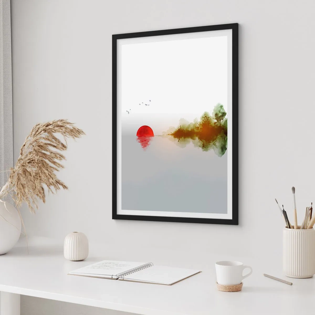 Poster in black frame - A minimalist landscape with a red sun and a lake. - 50x70cm - Promise of Peace - Modern wall decoration for the living room and bedroom ARTTOR