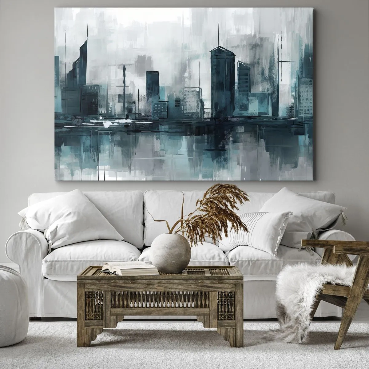Canvas picture - A modern city in shades of turquoise and gray - 70x50cm - City in the Colour of Rain - Modern wall decoration for the living room and bedroom ARTTOR