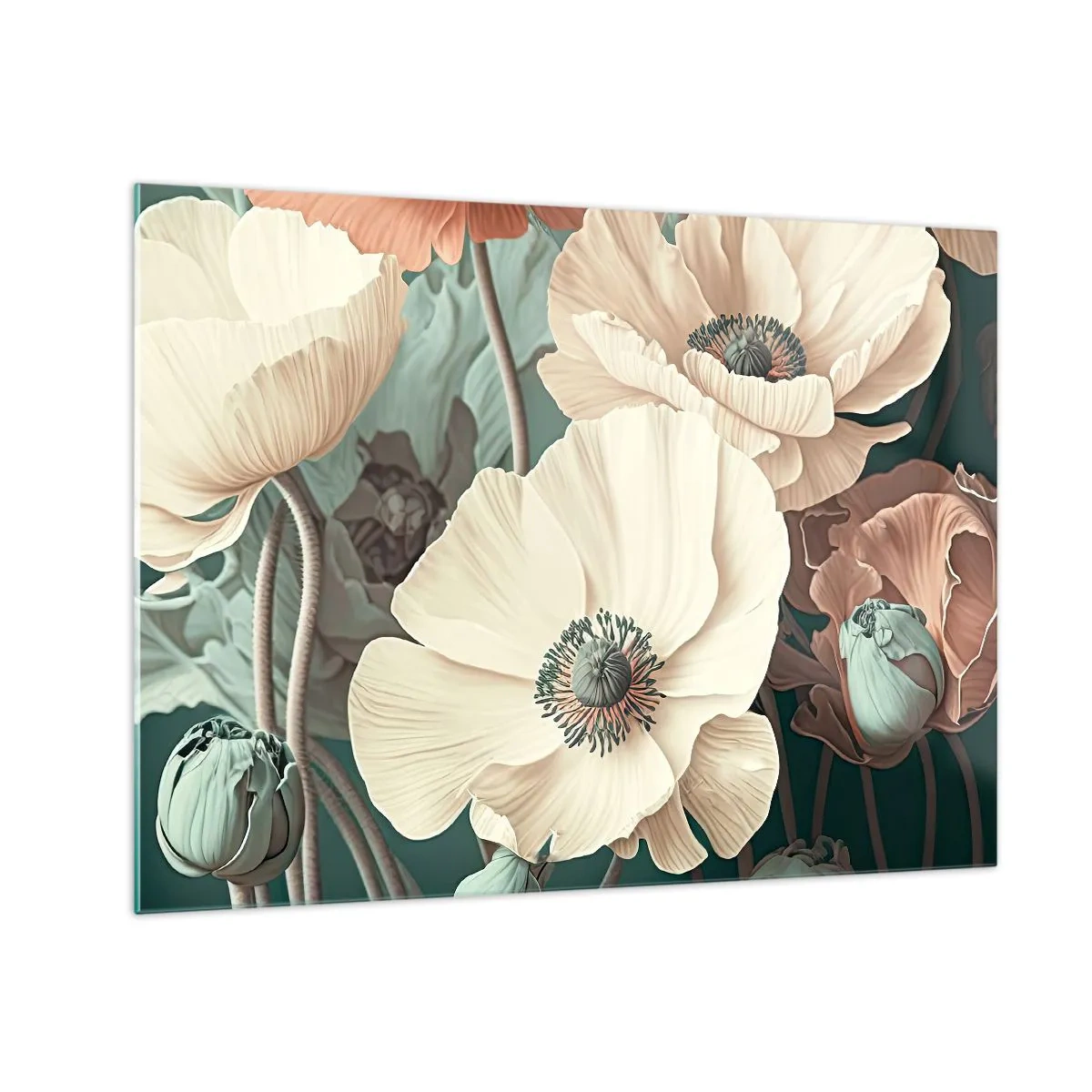 Glass picture - Delicate cream and salmon poppies on a dark background - 70x50cm - Whisper of the Poppies - Modern wall decoration for the living room and bedroom ARTTOR