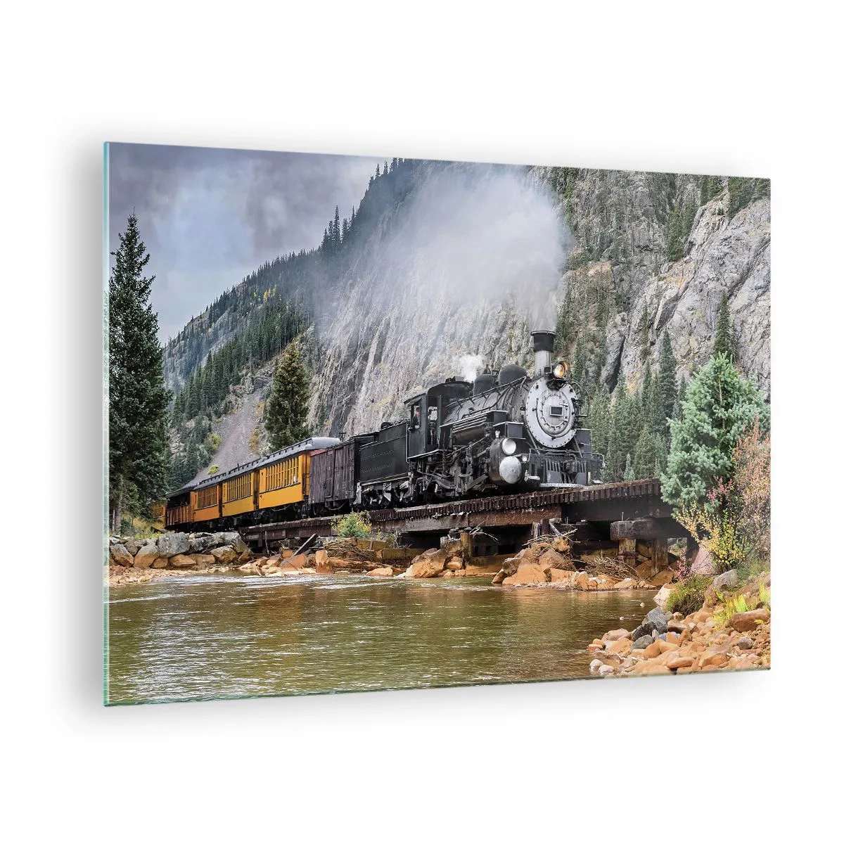 Glass picture - A steam locomotive on a bridge in the mountains - 70x50cm - Where Are You off to? - Modern wall decoration for the living room and bedroom ARTTOR