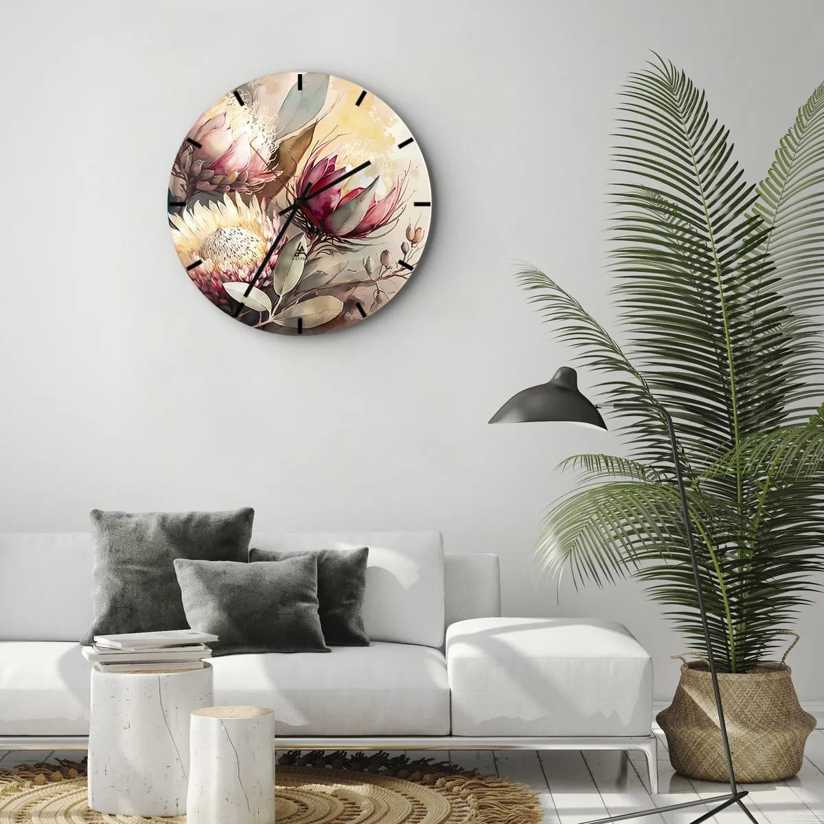 Wall clock - Clock on glass - Artistic protea flowers on a light background - 30x30cm - Profile and En Face - Modern wall decoration for the living room, kitchen, and bedroom ARTTOR