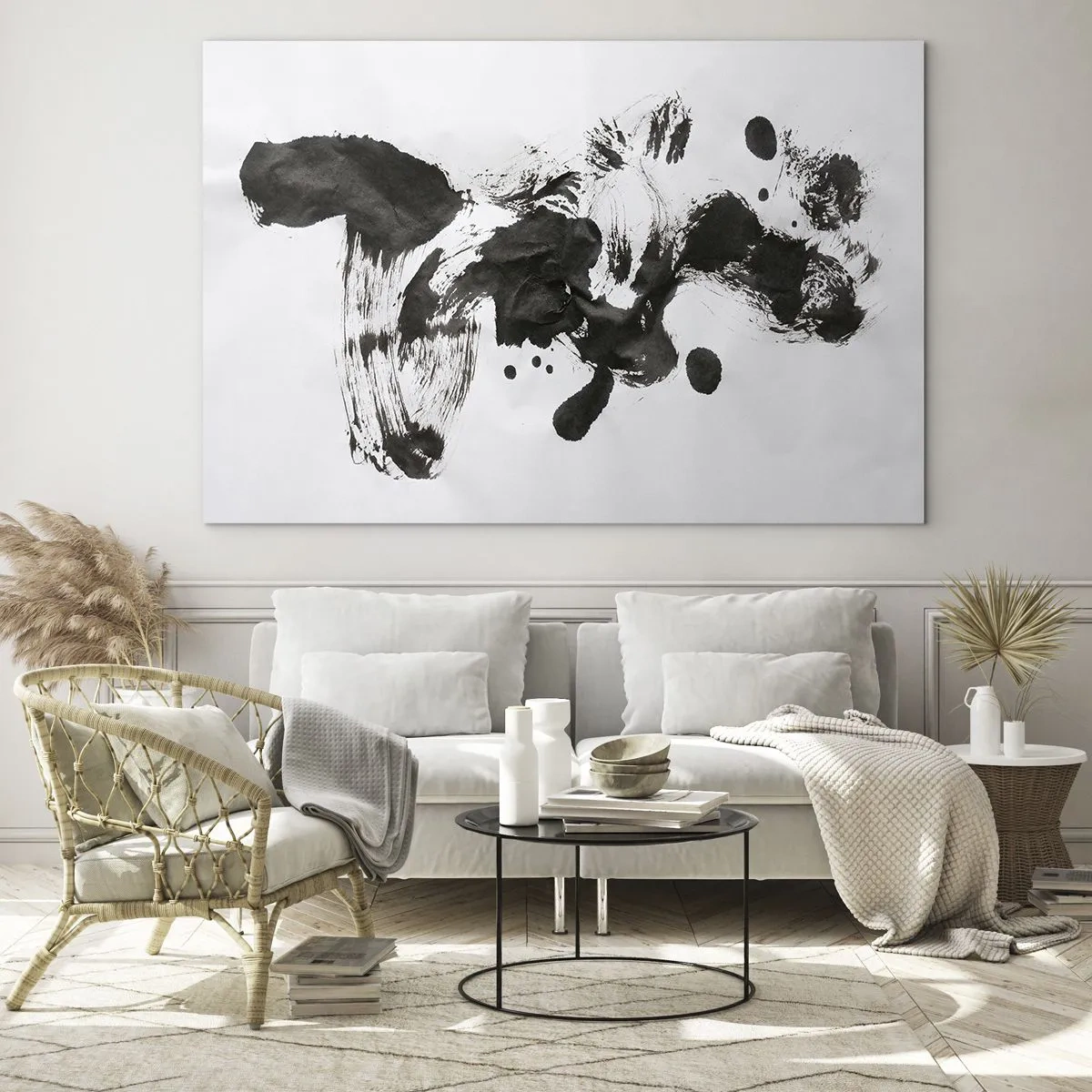 Glass picture - Abstract black spot and brush strokes on a white background - 70x50cm - A Method in Madness? - Modern wall decoration for the living room and bedroom ARTTOR