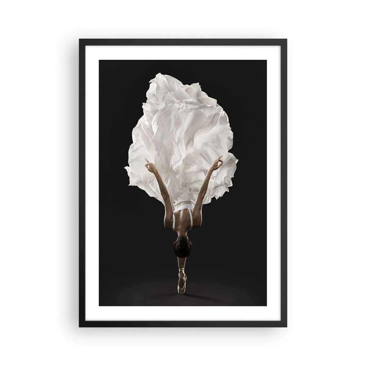 Poster in black frame - dancer in a white dress floating in the air against a black background - 50x70cm - Amazing Waist - Modern wall decoration for the living room and bedroom ARTTOR