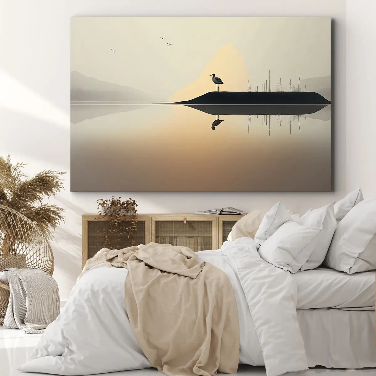 Canvas picture - A bird on an island in a calm lake with warm hues - 70x50cm - Gentleman on the Lake - Modern wall decoration for the living room and bedroom ARTTOR
