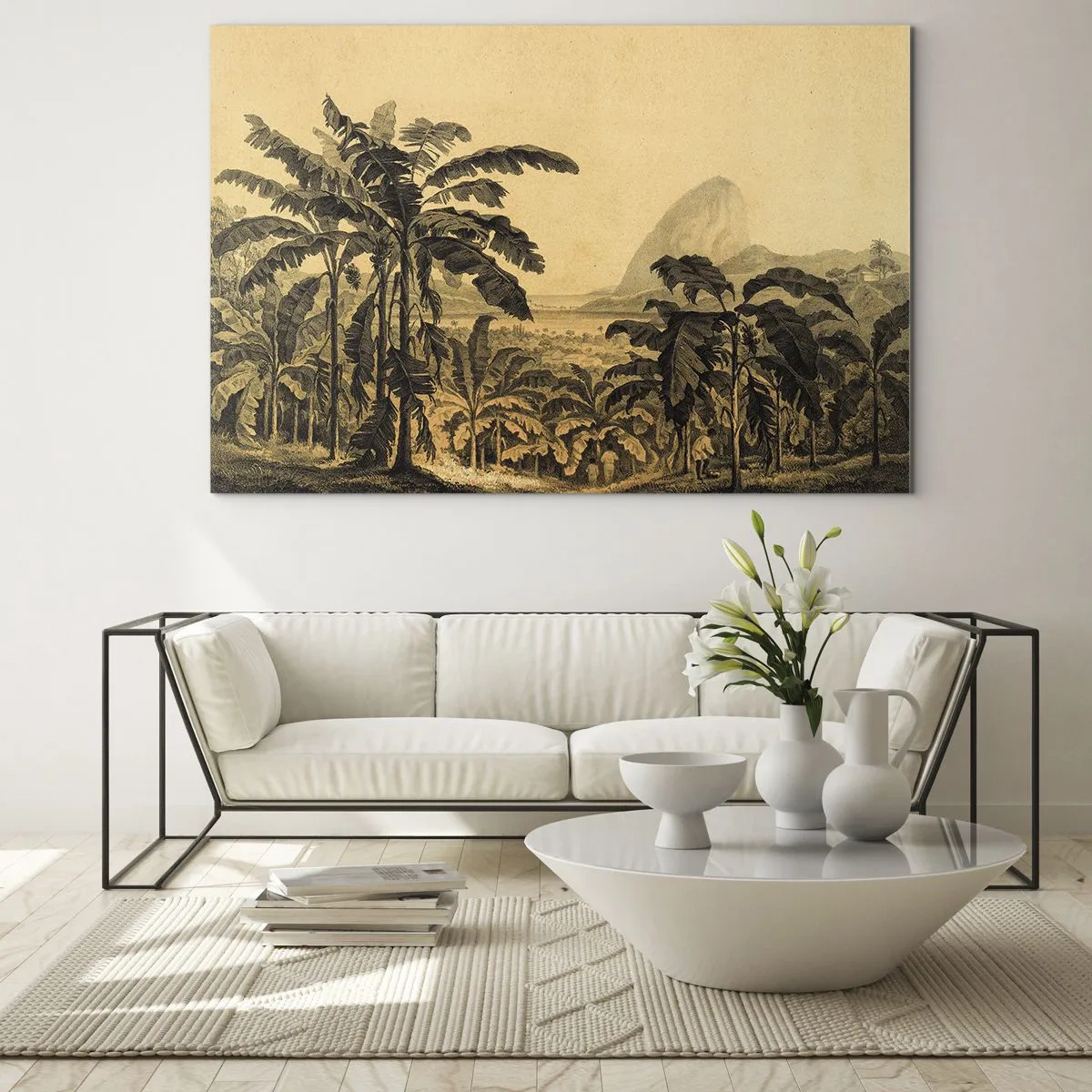 Glass picture - A vintage illustration of a banana plantation with a distant mountain in the background. - 70x50cm - In Colonial Character - Modern wall decoration for the living room and bedroom ARTTOR
