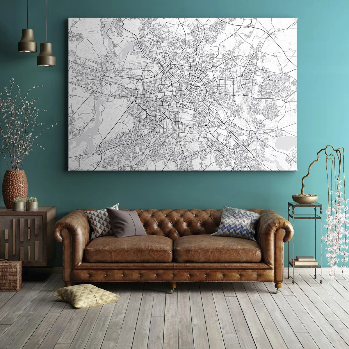 Canvas picture - Detailed black and white city map - 70x50cm - Flower of Berlin - Modern wall decoration for the living room and bedroom ARTTOR