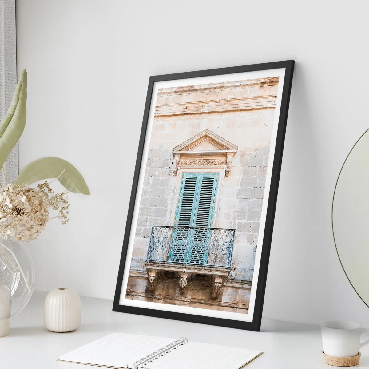 Poster in black frame - Historic balcony with blue shutters in a Mediterranean style - 50x70cm - Exceptional Charm of Italy - Modern wall decoration for the living room and bedroom ARTTOR