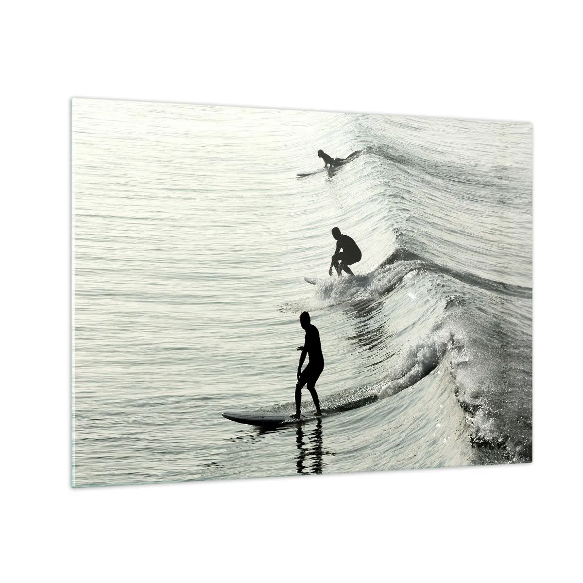 Glass picture - Three surfers riding the waves in the morning - 70x50cm - Meeting the Wave - Modern wall decoration for the living room and bedroom ARTTOR