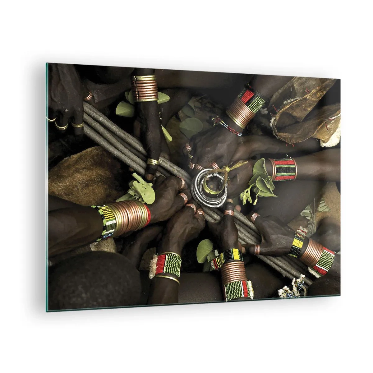 Glass picture - Hands with bracelets holding a vessel in a ritual gesture - 70x50cm - We Are Together - Modern wall decoration for the living room and bedroom ARTTOR