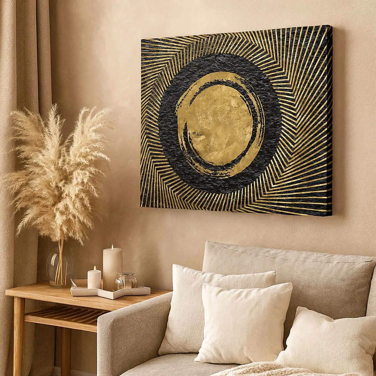 Canvas picture - Geometric composition in black and gold with rays - 70x50cm - Composition Glamour - Modern wall decoration for the living room and bedroom ARTTOR