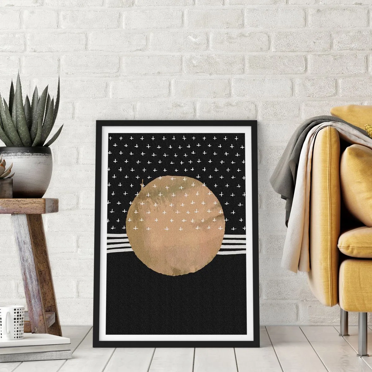 Poster in black frame - Abstract golden ball on a black background with patterns - 50x70cm - Composition: Flag of Galaxy - Modern wall decoration for the living room and bedroom ARTTOR