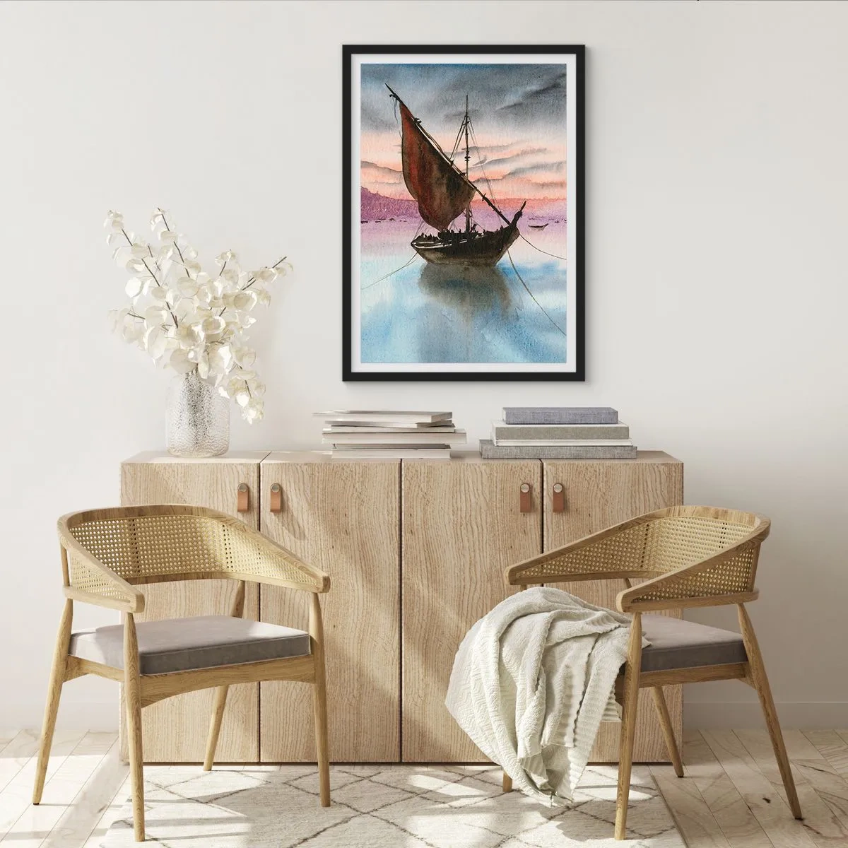 Poster in black frame - A sailing ship on calm water in the light of sunset - 50x70cm - Evening at the Port - Modern wall decoration for the living room and bedroom ARTTOR