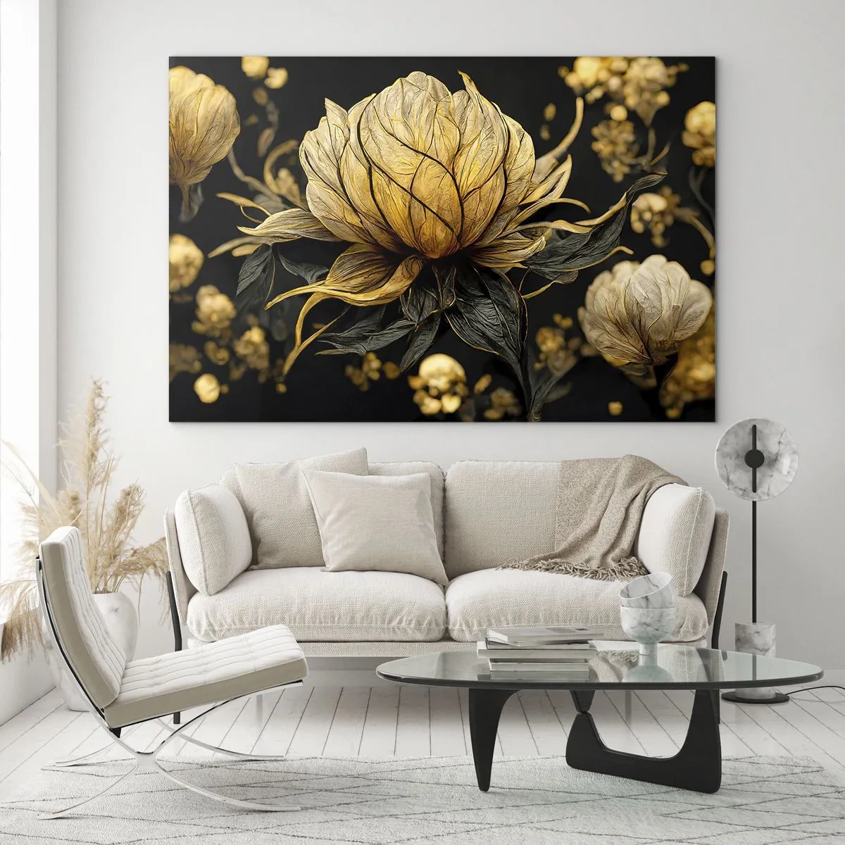 Glass picture - Golden flowers on a black background in an elegant composition - 70x50cm - Subtle Fragility - Modern wall decoration for the living room and bedroom ARTTOR