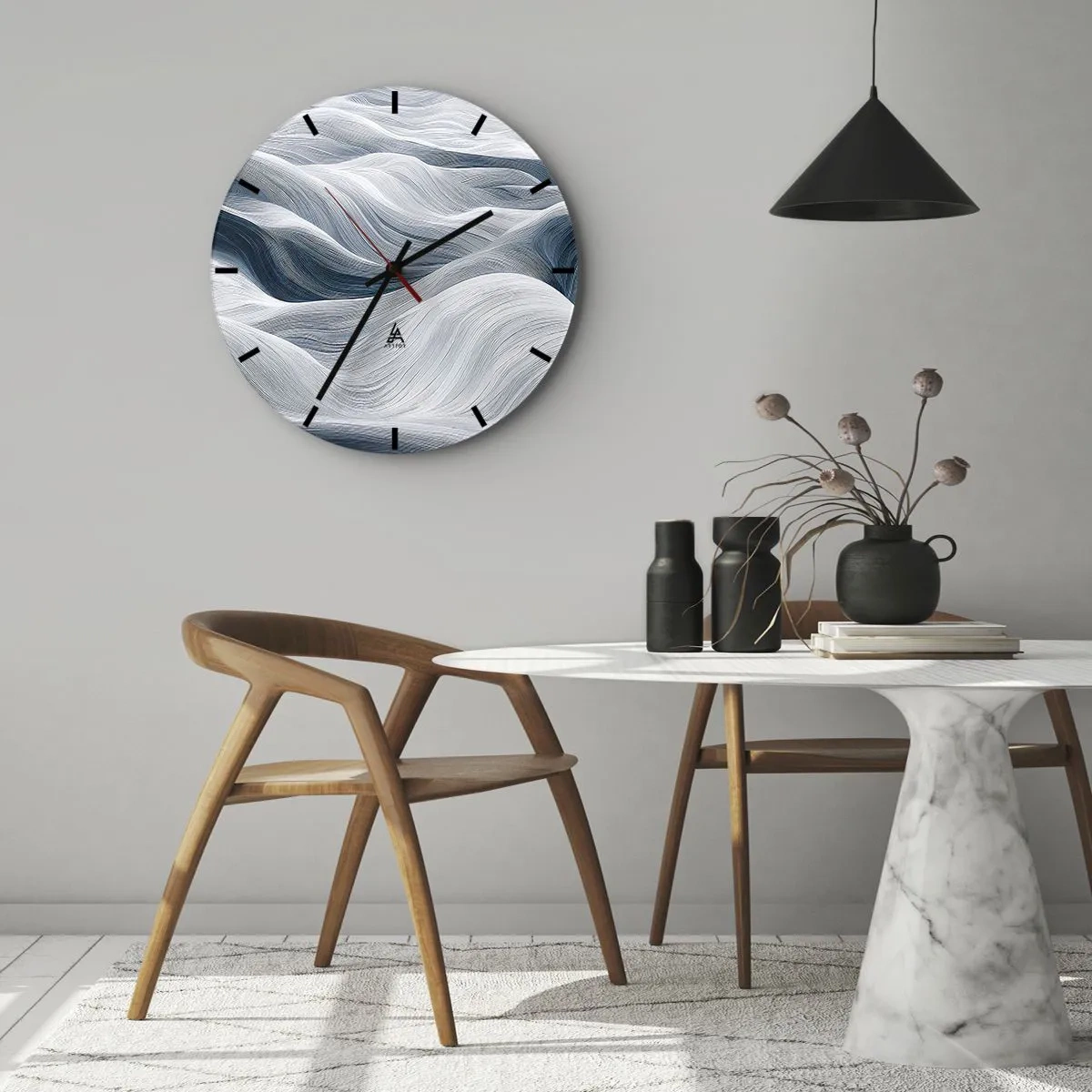 Wall clock - Clock on glass - Graphic, wavy lines in white and blue tones - 30x30cm - White and Blue Waves - Modern wall decoration for the living room, kitchen, and bedroom ARTTOR