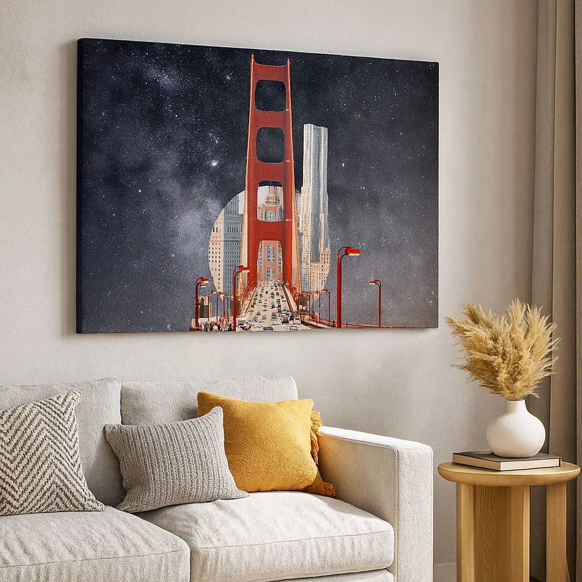 Canvas picture - The Golden Gate Bridge with the city in the background against a starry sky - 70x50cm - Always in the Centre - Modern wall decoration for the living room and bedroom ARTTOR