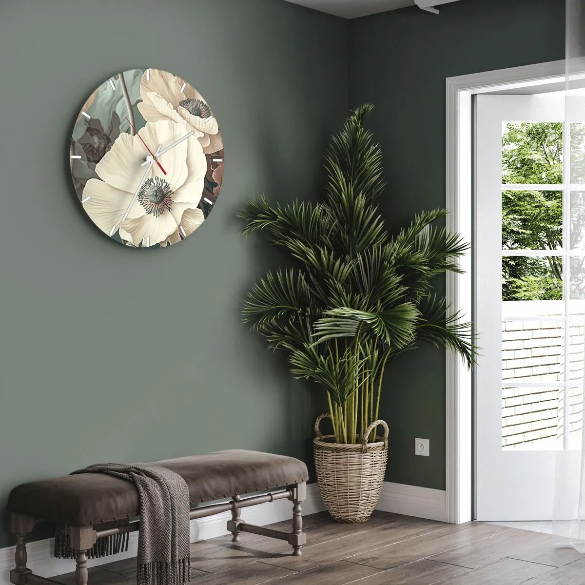 Wall clock - Clock on glass - Cream poppy flowers against a background of leaves in a muted, pastel palette - 30x30cm - Whisper of the Poppies - Modern wall decoration for the living room, kitchen, and bedroom ARTTOR